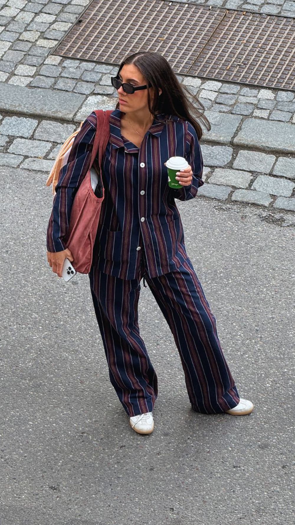 Dressed for comfort. Out for caffeine.